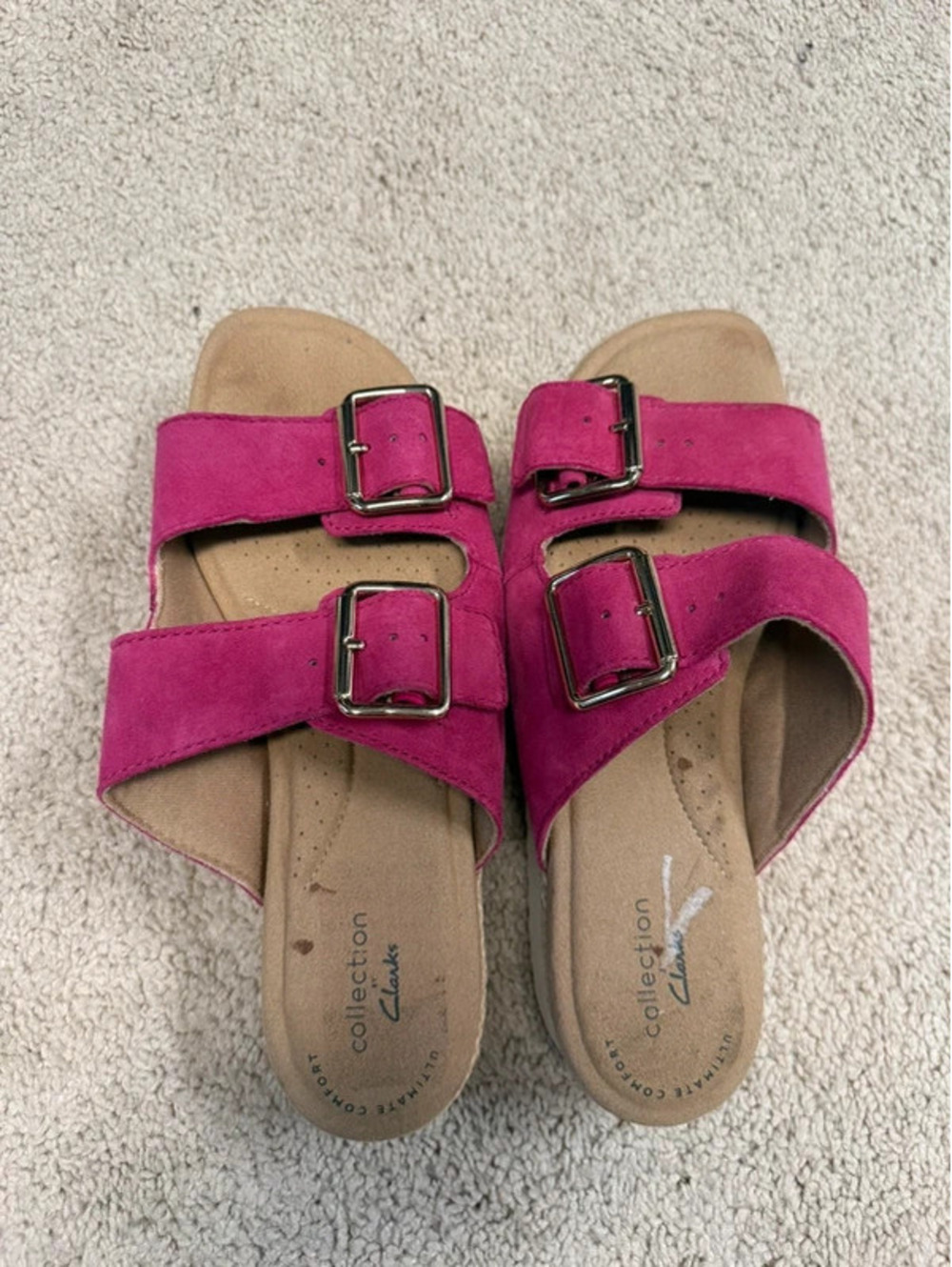 Clarks Collection Fuchsia Pink Double Buckle Platform Slide Sandals Size 6.5